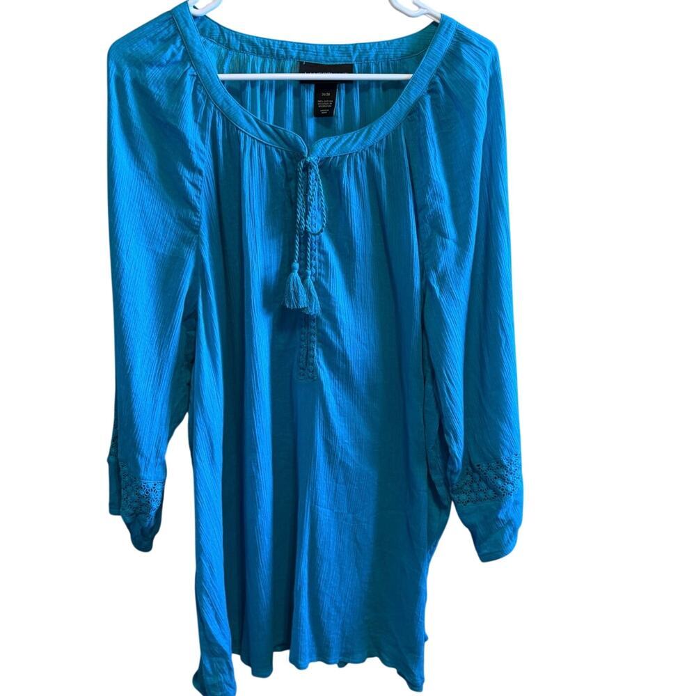 Lane Bryant Lightweight Top Blouse Teal Blue Cotton Tie Neck Boho Sz 26/28